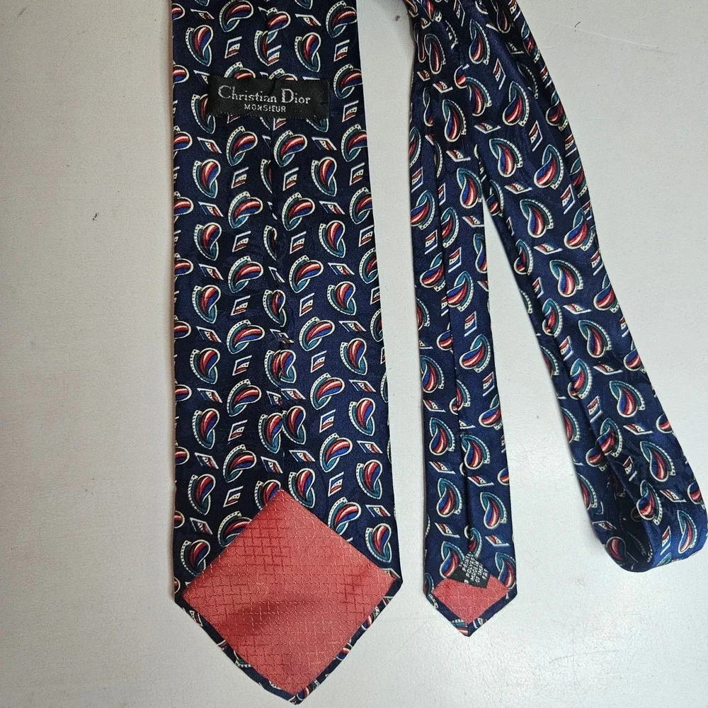Christian Dior Monsieur Navy Blue Red Abstract Paisley Geometric Vintage Tie USA